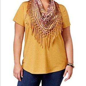 Style & Co Tee W/Detachable Fringe Scarf Sz Small Mustard Gold Yellow
